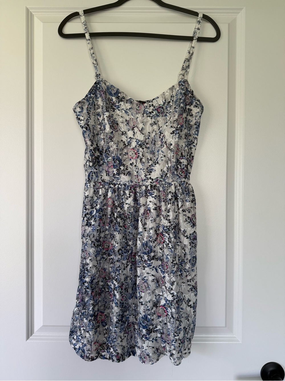 BeBop White Floral Spaghetti-Strap Mini Dress with Blue and Pink Accents